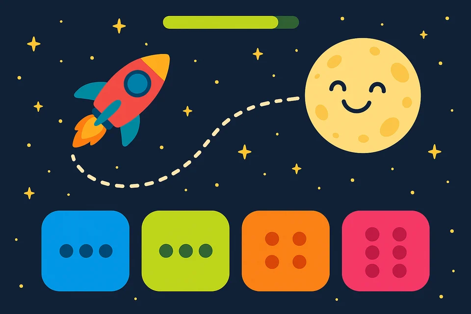 A times-tables game: a rocket racing along a dotted path to a smiling moon, with four answer buttons