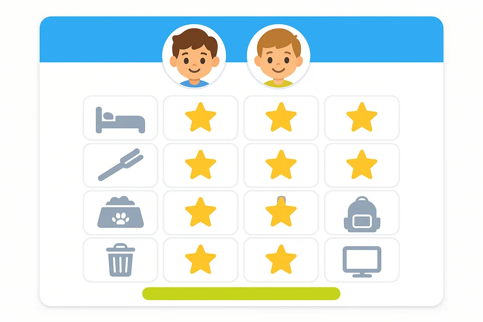 A chore chart app: two kids, chores down the side, gold stars filling the grid, and a progress bar toward a screen-time reward