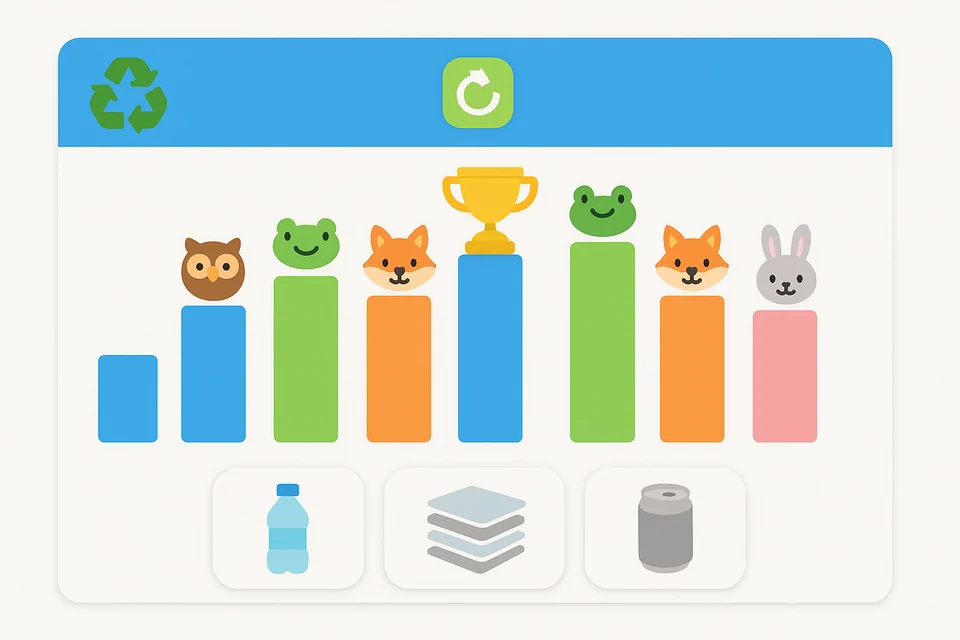 A recycling tracker: a bar chart of classes with animal mascots, a trophy over the leader, and bottle, paper and can counters